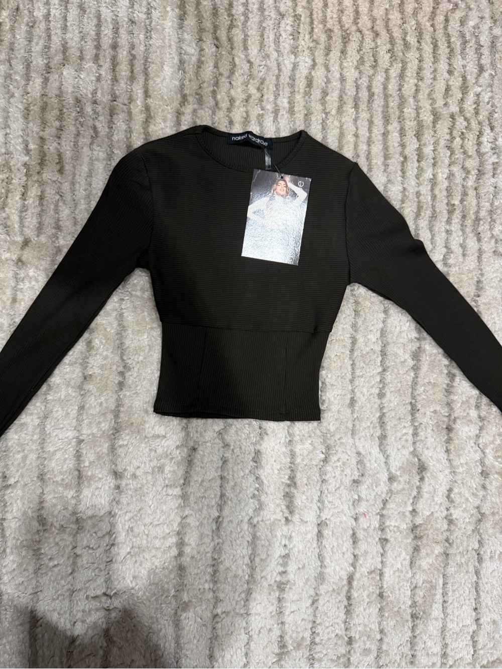 Naked Wardrobe Dark Green Ribbed Long-Sleeve Crop Top XS NWT